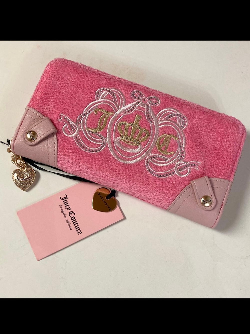 Juicy Couture Hot Pink Suede Zip-Around Wallet with Heart Charm
